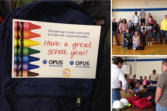 a large image of a rectangular card with multicolored Crayons and print on the left and two small images on the right with the top image of a group of students and men in hardhats and the bottom image of a young boy choosing a backpack off a table